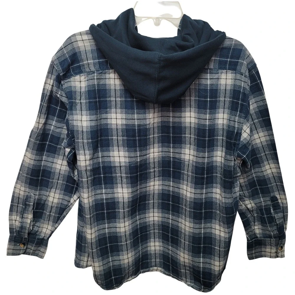 AZUR Hommes Plaid Flannel Hooded Shirt Blue White LongSleeve M Work Grunge Retro